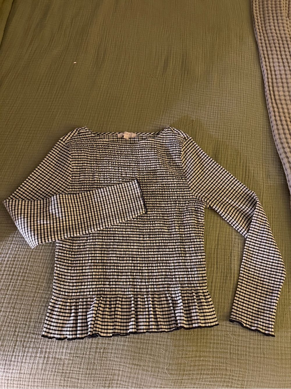 LOFT Black & White Striped Ruffle-Hem Long Sleeve Top